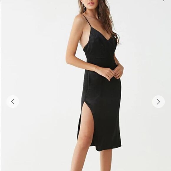 NWT Forever 21 Satin V-Neck Black Dress - Picture 1 of 14
